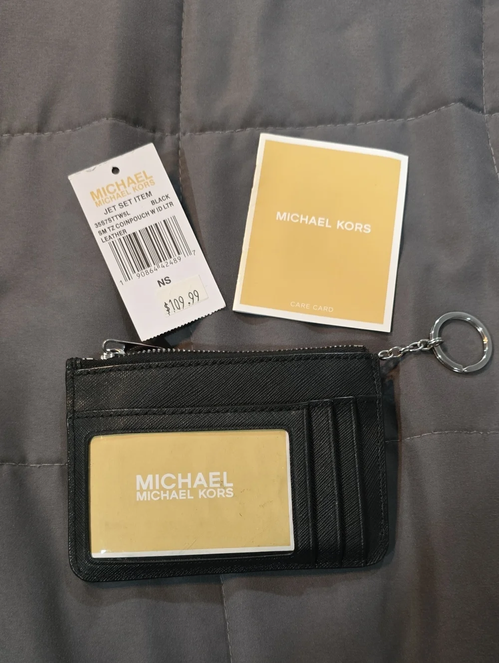 Michael Kors Black Saffiano Leather Zip Card Pouch with Keyring